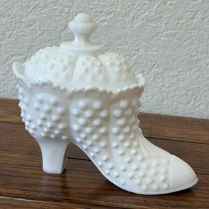Fenton Milk Glass Hobnail Shoe Trinket Box Dish 5”
